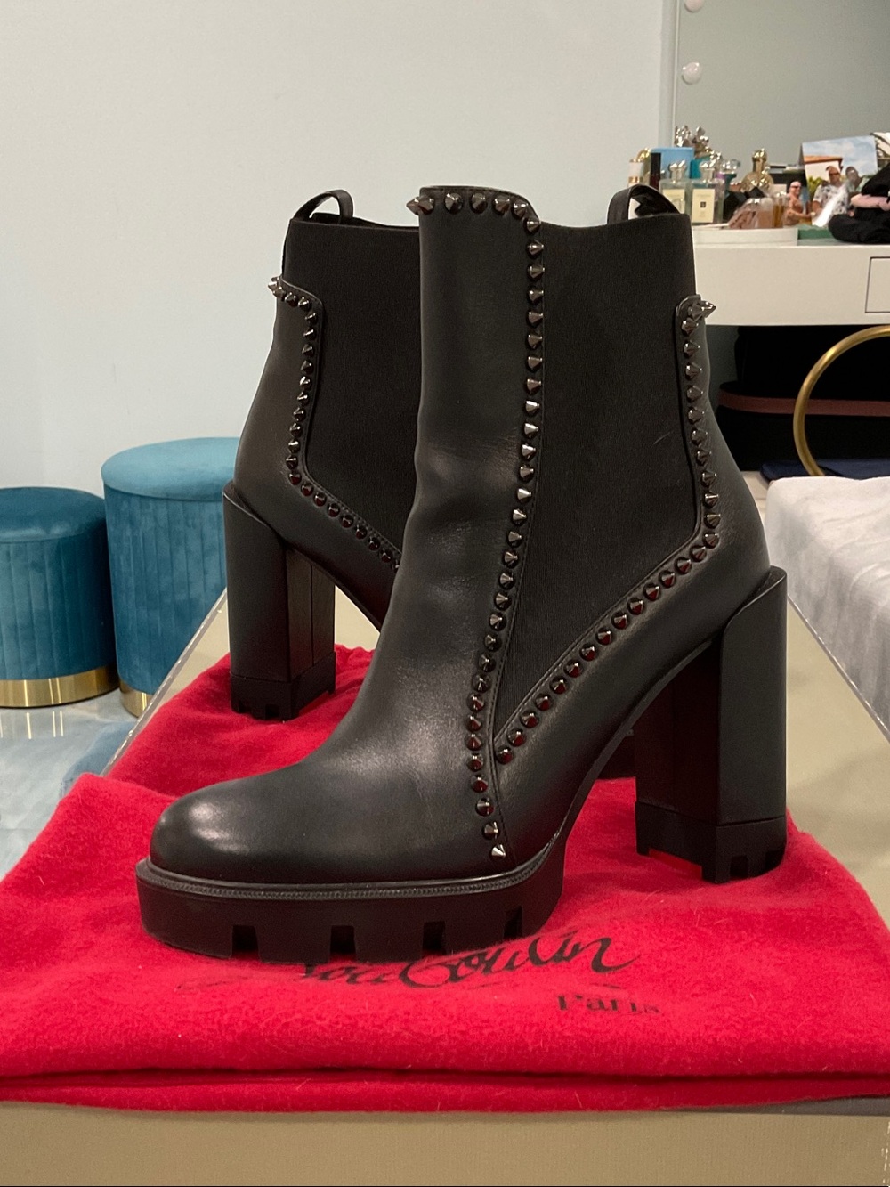 Christian Louboutin Black Leather Stud-Trim Platform Ankle Boots